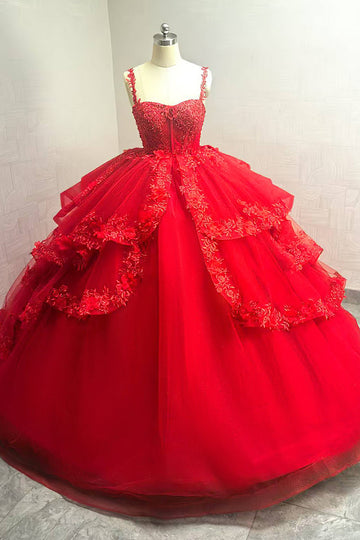 Sparkly Red Ball Gown Spaghetti Straps Beaded Quinceanera Dress with Appliques